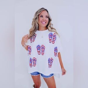 Fantastic Fawn Fourth of July stars & stripes sequins flip flops graphic tee s